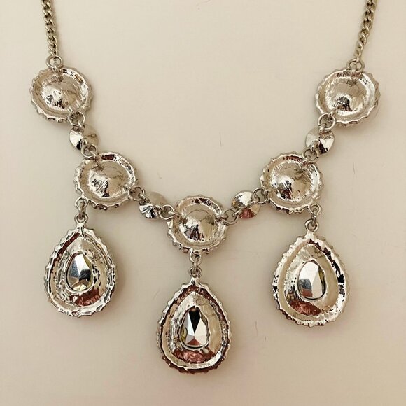 A & A Statement Necklace Brown Crystal Rhinestone Teardrop Silver Chain Vintage - Picture 9 of 11